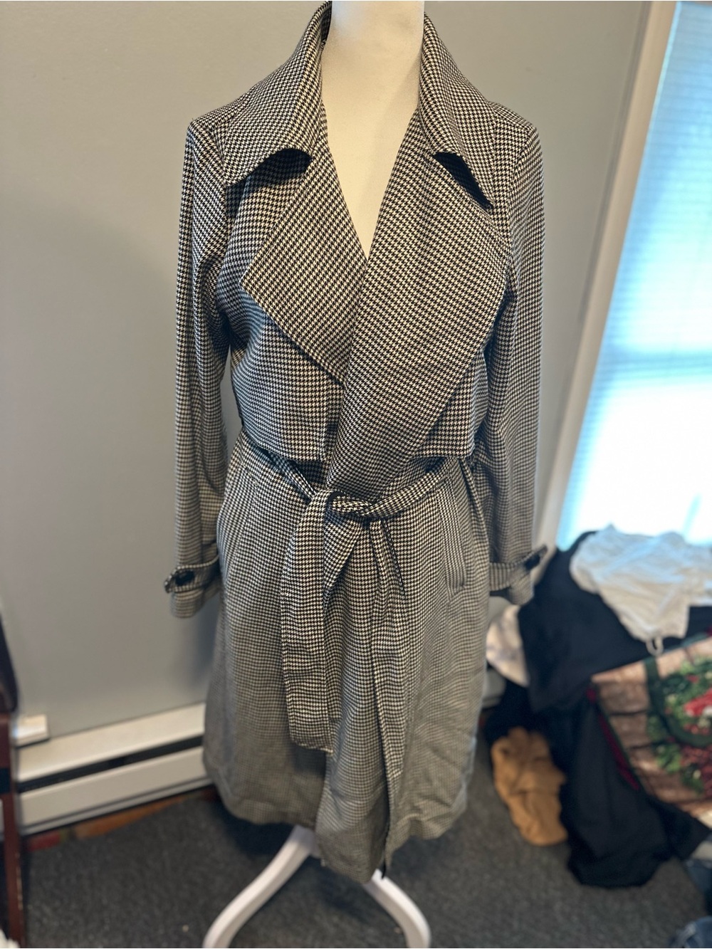 FRNCH Black and White Houndstooth Trench Coat